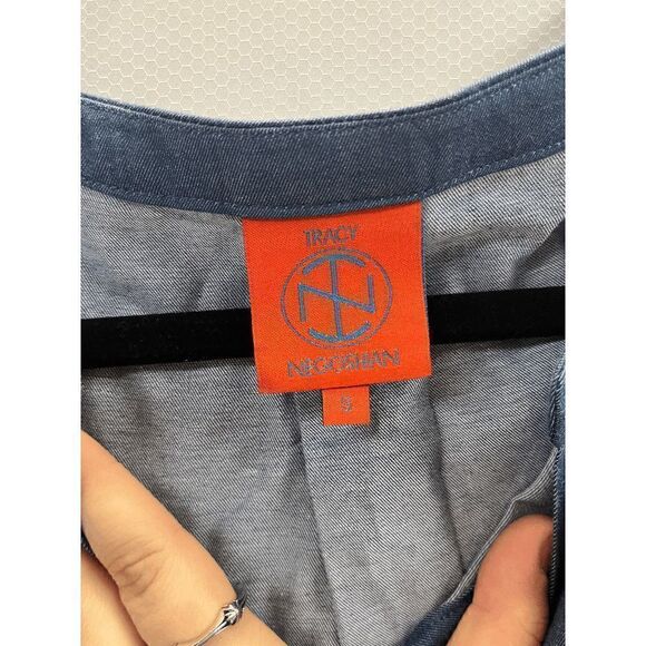 Tracy Negoshian Women's Chambray Blue Trapeze Elbow Puff Sleeve Dress with pocke - Picture 4 of 7